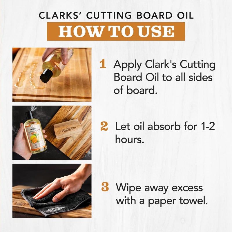 CLARK'S Food Grade Mineral Oil (12oz) and Carnauba Wax (6oz) Set - 100% Natural Butcher Block Oil and Cutting Board Wax - Food Safe Beeswax and Wood Cutting Board Oil with Orange & Lemon Extract - Image 5